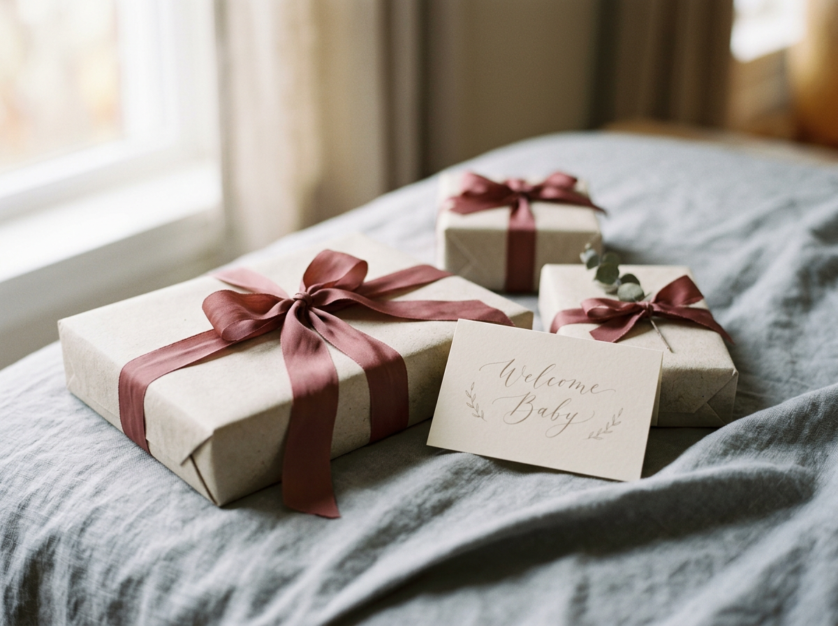 Wrapped gifts with a soft rosewood ribbon