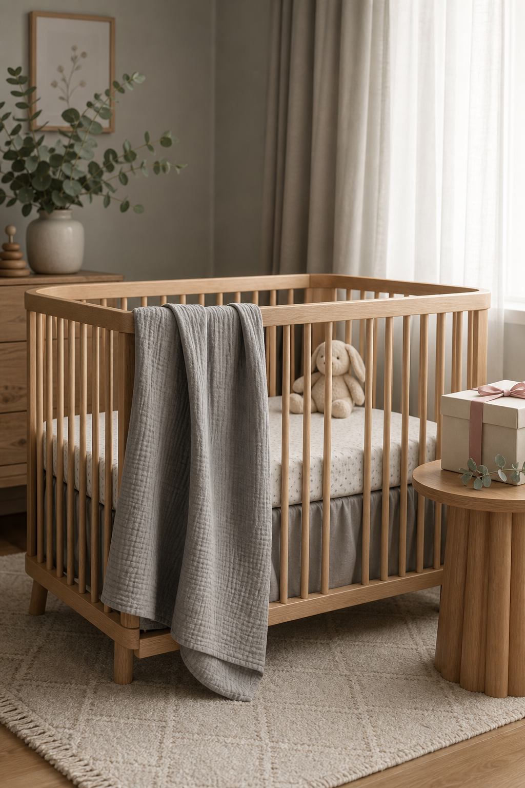 Soft nursery light with wrapped gifts and linen textiles