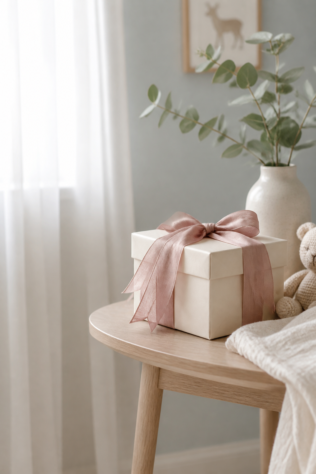 Gift with dusty rose ribbon beside eucalyptus on a nursery table