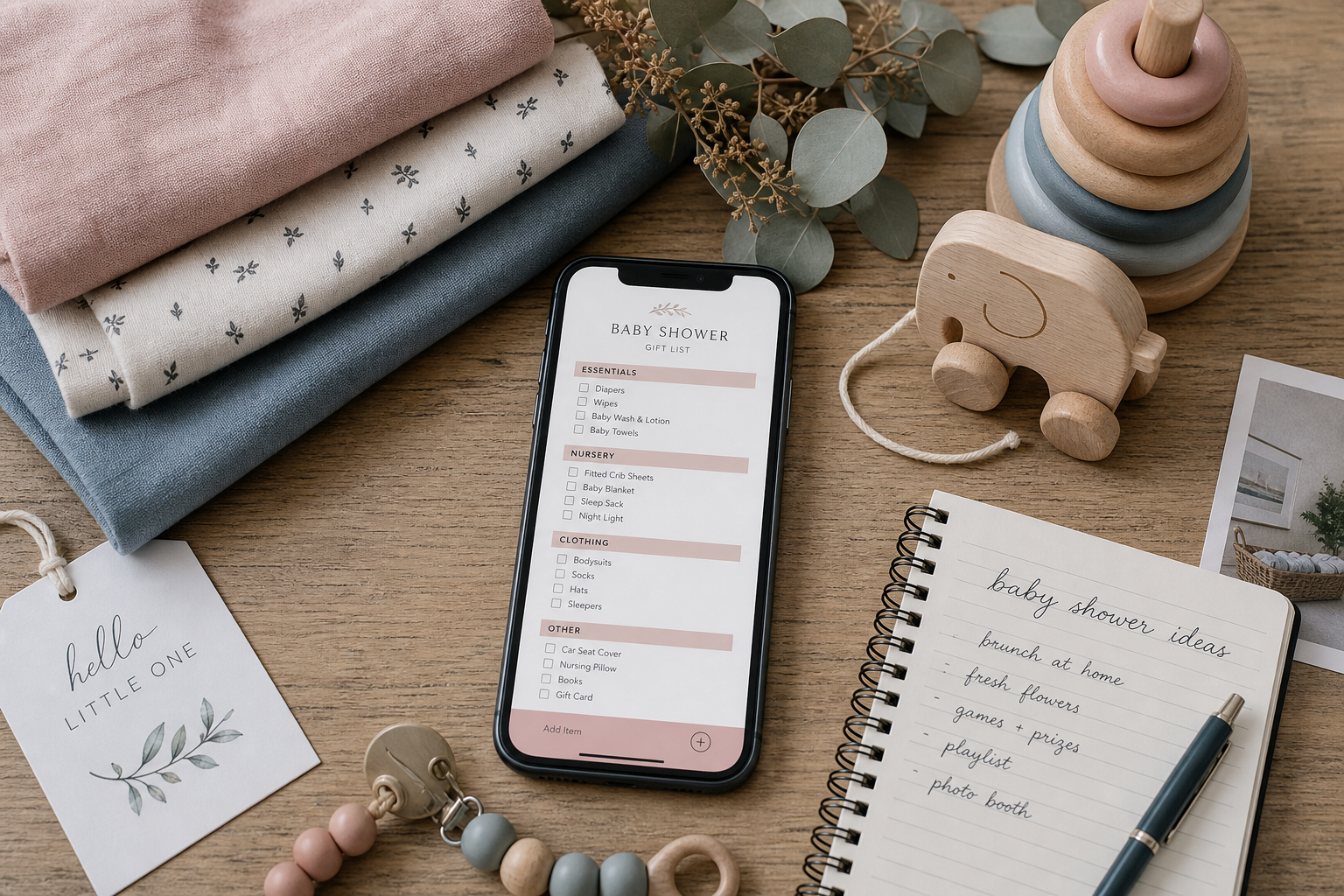 Planning flat lay with linen, eucalyptus, and a gift list on a phone